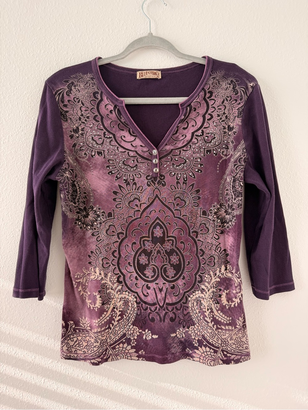 Boho Purple Printed Henley Long Sleeve Top